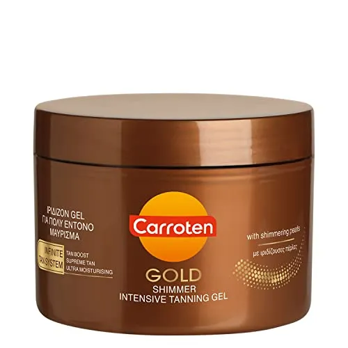 Carroten Gold Tanning Gel - Intensiver Bräunungsbeschleuniger mit Schimmer - Bräunungslotion für intensive Bräune, feuchtigkeitsspendend und ideal für dunkle Hauttypen. Genießen Sie eine tiefenbräunende, schimmernde Haut ohne Sonnenschutz.