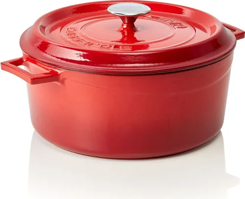 LAVA Kochtopf mit Deckel aus emailliertem Gusseisen Rot 6,7 Liter - Bräter aus emailliertem Gusseisen, hitzebeständig bis 280°C, ideal für schmackhafte Gerichte. Perfekt für Induktionsherde und spülmaschinengeeignet.