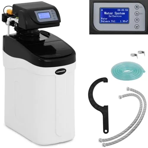 Uniprodo UNI_WATERSOFTENER_750 Entkalkungsanlage - Campingzubehör - leistungsstarke Wasserenthärtungsanlage mit 6,5 l Harz, ideal für 1-5 Personen, sorgt für weiches Wasser ohne komplizierte Konfigurationen.