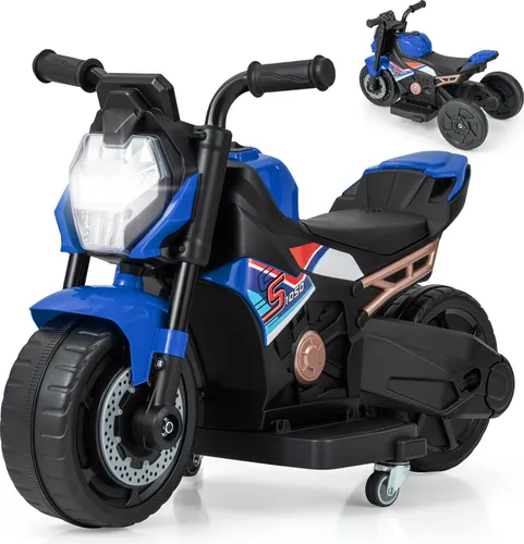 GOPLUS 2 in 1 Kinder Elektromotorrad, 6V Elektro Motorrad mit abnehmbaren Trainingsrädern & Musik & Scheinwerfer & Hupe, 2-3 km/h von 18-36 Monaten