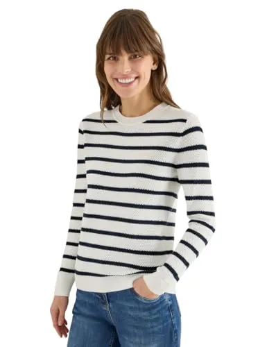 CECIL Damen Strickpullover XXL in Universal Blau - Kombistarker Damen-Strickpullover von Cecil in Streifen-Design. Hüftbedeckend und langärmlig, ideal für lässige Outfits. Hergestellt aus 100% Baumwolle für angenehmen Tragekomfort.