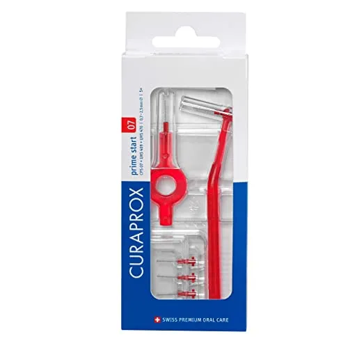 Curaprox Interdentalbürsten-Set CPS 07 prime start, Starterset mit 5 Bürsten, 2 verschiedene Halter, rot, 0.7 mm Durchmesser, 2.5 mm Wirksamkeit