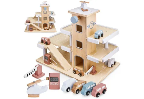 Mamabrum Spiel-Parkhaus aus Holz – Garage mit Autos und Hubschrauber - Parkgaragen-Sets – Robuste Holz-Parkgarage mit Hubschrauberlandeplatz für endlosen Spielspaß und kreative Förderung der motorischen Fähigkeiten der Kinder.
