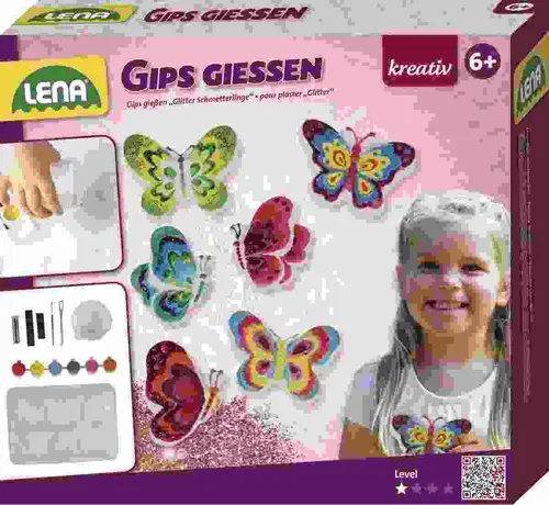 Gipsgießen Glitter  Schmetterlinge, Set zum Gießen und Gestalten von Glitzer-Schmetterlingen,, in 6 verschiedenen Formen mit Magnet,, mit Gips, Gussform, 6 verschiedene Farben,, Glitzer und Magnetstreifen, inkl. Werkzeug,, ausführliche Anleitung,, ab 6 Ja