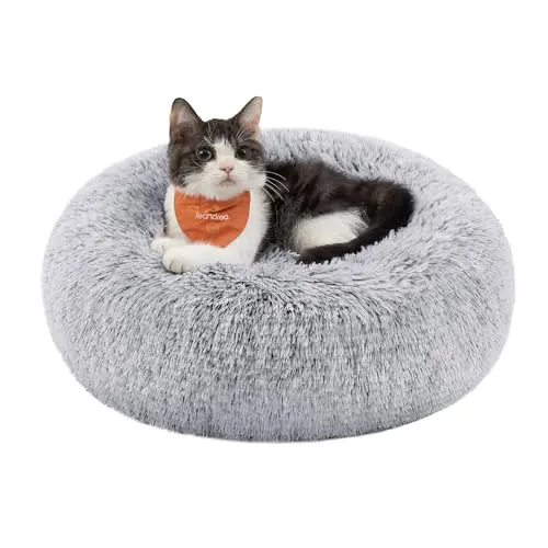 Feandrea Hundebett flauschig, Katzenbett, Donut Kissen, waschbar, Polsterung in der Mitte herausnehmbar, Langer Plüsch, 40 cm Durchmesser, Ombré-Grau PGW036G01