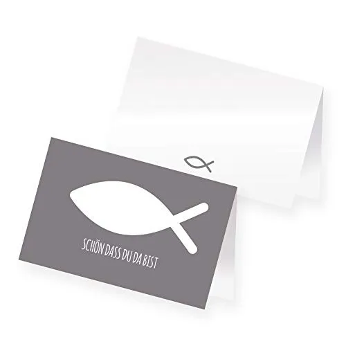 itenga 24 x Tischkarten Platzkarten Namensschild Fisch Kommunion Taufe Konfirmation (grau)