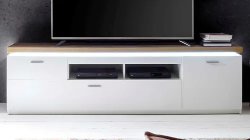 TV-Element Cal in Weiß - Stilvolles TV-Möbel - TV-Halterungen: Das elegante TV-Element aus Holzdekor in Weiß und Naturfarbe bietet mit 2 Schubladen und 1 Tür ausreichend Stauraum für Ihre Unterhaltungselektronik.