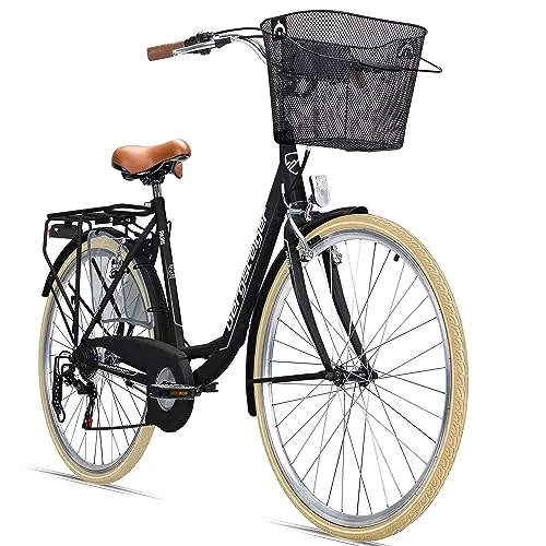 Bergsteiger Paris Damenfahrrad 26/28 Zoll - Damen-Citybike im Retro-Design, ideal für Stadt und Land, mit 6-Gang-Schaltung, V-Brakes und praktischem Korb für zusätzlichen Komfort.