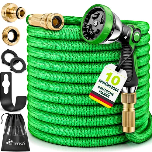 TRESKO® Flexibler Gartenschlauch 15m - Hochflexibler Gartenschlauch mit 3-Fach Latexkern, ausdehnbar auf 15m, ideal für Gartenbewässerung und Reinigung, inklusive Messing-Verschraubungen und praktischen Aufroller.