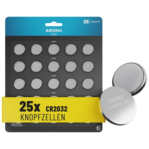 ABSINA 25x Knopfzelle CR2032 - Knopfzellen 3V - Batterien mit langer Haltbarkeit
