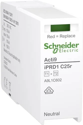 Schneider Electric Ersatz-Schutzmodul A9L1C602 - Steckdosen- & Schalterteile, hochleistungsfähiges Schutzmodul mit Blitzstoßstrom von 100 kA für zuverlässigen Überspannungsschutz in Energietechnik-Anwendungen.