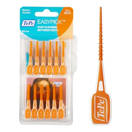TePe EasyPick Dental Picks, Orange, ISO XS-S - Effiziente Zahnreinigung - Interdentale Zahnseidesticks für kleine Zahnlücken, wiederverwendbar, mit flexibler Form und Silikonoberfläche für komfortable Reinigung. Ideal für Zahnspangen und Implantate, inklusive praktischem Reiseetui.