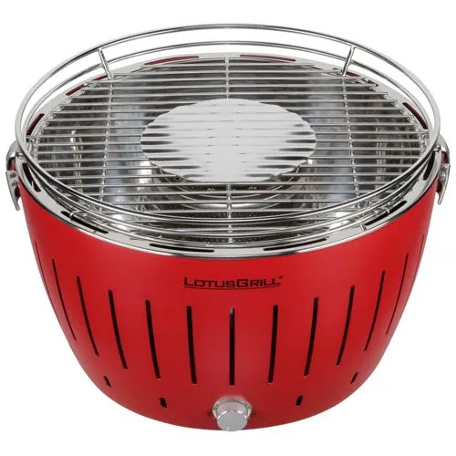 LotusGrill G34 U Rot - Kompakter Holzkohlegrill mit integriertem Lüfter für schnelles Grillen, ideal für bis zu 5 Personen - perfekt für Gartenpartys oder Camping.