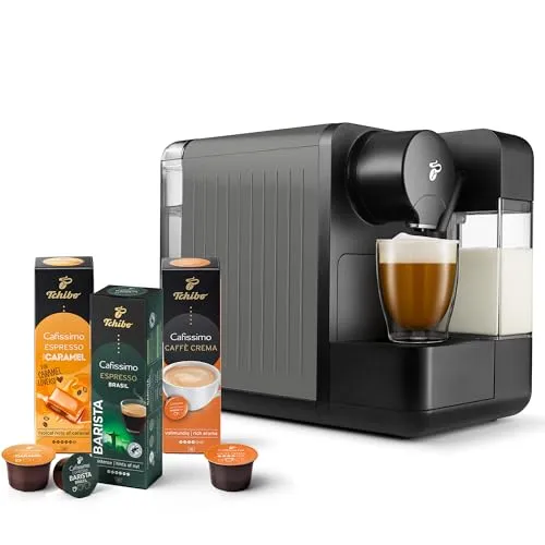 Tchibo Cafissimo „milk“ Kaffeemaschine - 1-Tassen-Kaffeemaschine mit integriertem Milchaufschäumer und 30 Kapseln für vielfältige Kaffeegenüsse auf Knopfdruck, einfach zu reinigen und energieeffizient.
