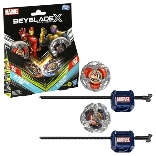 Beyblade X Marvel Collab Iron Man vs. Thanos Multipack Set - Battling Tops, mit X-Celerator Beschleunigungssystem für extreme Geschwindigkeiten und authentischen Metallteilen für unvergessliche Battles!