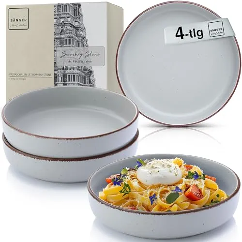 Sänger Bombay Stone Pastaschalen 4-teilig - Kaffeetassen & Becher, 4 multifunktionale Steingutschalen, spülmaschinen- und mikrowellenfest, ideal für Pasta und Salate mit einer Füllmenge von 800 ml.