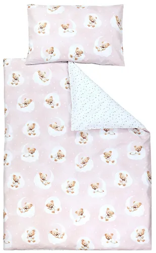 TupTam Kinder Bettwäsche Gemustert 2-Teilig Wendebettwäsche, Farbe: Bärchen auf Wolken / Rosa / Graue Sterne, Größe: 120x90 cm