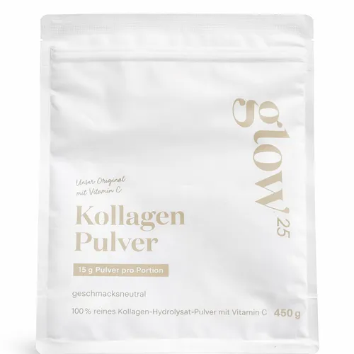 Glow25® Collagen Pulver [450g] – Hochwertiges Kollagen Hydrolysat mit Vitamin C - Kollagen-Präparate mit guter Löslichkeit und kleinen Peptidgrößen für schnelle Aufnahme. Ideal für die normale Hautfunktion dank Vitamin C. Geprüfte Qualität und Zufriedenheitsgarantie!