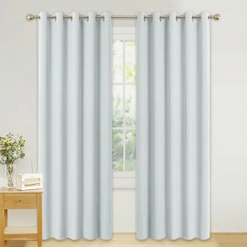 PONY DANCE Schlafzimmer Vorhänge Wärmeisolierend Verdunkelungsvorhang mit Ösen Gardinen Weiß Blickdicht Thermovorhang gegen Hitze, 2er Set H 228 x B 167 cm, Grau-weiß