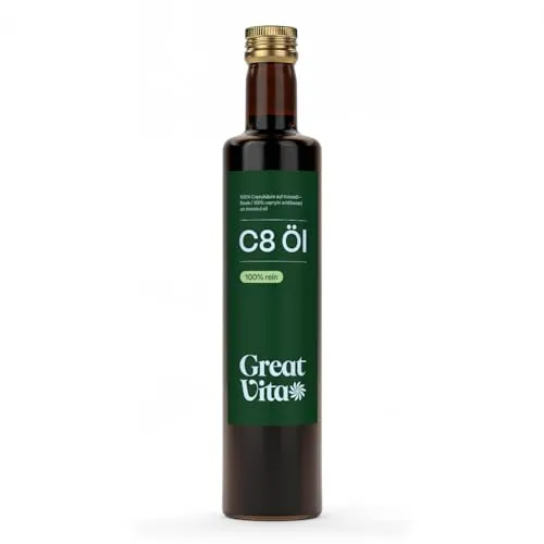 GreatVita C8-Öl, auf Kokosöl Basis 500 ml | Caprylsäure Fettsäuren | MCT Oil geschmacksneutral - Premium Qualität - Glas kann Variieren