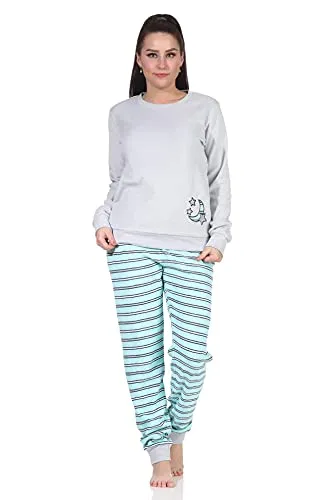 Damen Frottee Schlafanzug mit Mond Applikation - Größe 52-54, grau - Kuschelweicher Frottee-Schlafanzug für kalte Nächte. Mit modischer Streifenhose und Mond-Applikation. Bietet optimalen Tragekomfort dank Bündchen und Knopfleiste. 80 % Baumwolle, STANDARD 100 by OEKOTEX für geprüfte Qualität.