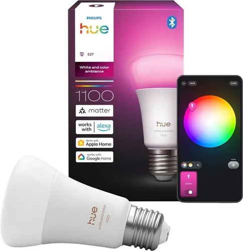 Philips Hue Smart LED A60 Lampe, Weiß und Color Ambiance - Leuchtmittel mit Vollspektrumlicht von 1000K-20000K, dimmbar und kompatibel mit Alexa, Google Assistant und Apple Home für individuelle Lichtgestaltung.