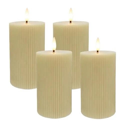 Relaxdays LED Kerzen, 4er Set, HxD: 13 x 7,5 cm, flackernde Flamme, Echtwachs, Rillen, flammenlose Blockkerzen, beige