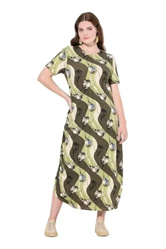 Ulla Popken Women's Jersey Maxidress mit Seed Capsule Print - Freizeitkleider für Damen, stylisches Maxidress in Khakibraun mit einzigartigem Seed Capsule Print, perfekt für entspannte Sommeroutfits.