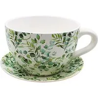 Dekohelden24 XXL Blumentopf - Pflanzkübel in Tassenform mit Rankenmotiv - Origineller Blumentopf aus Keramik, ideal für Sukkulenten und Kräuter. Mit 34 x 28 x 16 cm ist er pflegeleicht und bringt frische Akzente in jeden Wohnraum.