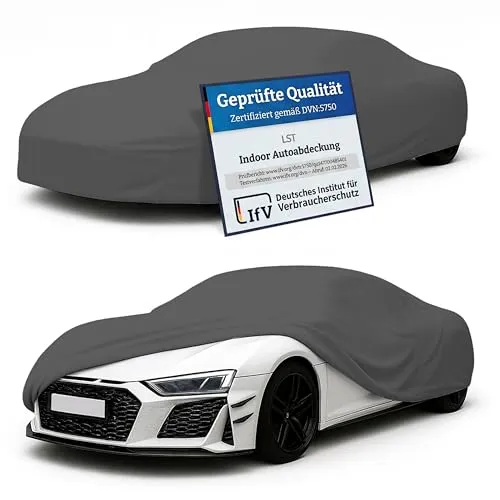 LST Autoabdeckung Indoor – lackschonende und Dehnbare Autogarage. Car Cover Innenbereich für Autohäuser und Endverbraucher. Auto Abdeckplane schützt vor Sonne, Staub. (Grau, L (450x140x120cm))