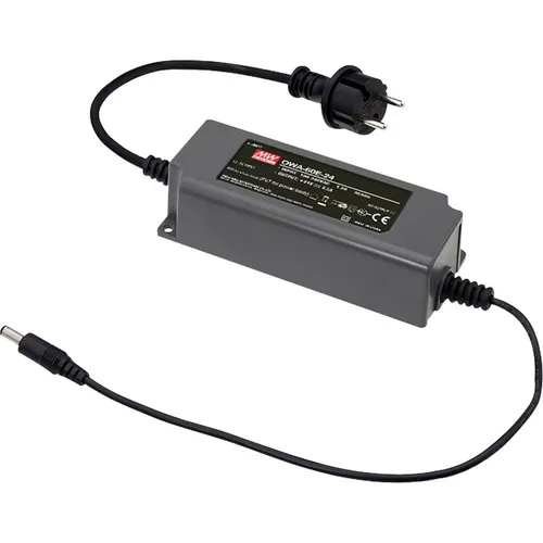 Mean Well MW OWA-60E-24 Tischnetzteil - Netzteil mit 24 V/DC und 60W Leistung, IP67 Kunststoffgehäuse, ideal für Anwendungen in staubigen oder feuchten Umgebungen.