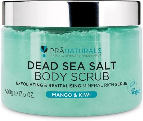 PraNaturals Körperpeeling mit Salz aus dem Toten Meer 500g - Feuchtigkeitsspendend & pflegend, Natürlichen Ölen & Mineralstoffen, keine Parabene, vegan, frei von Tierversuchen (Mango und Kiwi)