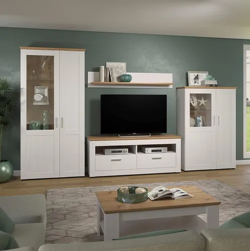 trendteam smart living Shade Wohnwand - Glasvitrine mit 2 Vitrinen, TV-Lowboard und Wandboard in Andersen Pine Weiß/Artisan Eiche, FSC-zertifiziert für verantwortungsvolle Waldwirtschaft. Maße: 368 x 194 x 45 cm.