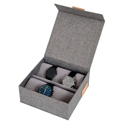 LOVE !T STORE !T Premium Uhrenbox grau 16,5 x 16,5 x 7,0 cm - Elegante Uhrenbox aus Leinen-Baumwoll-Mix mit Samt-Innenausstattung. Perfekt zum stilvollen Aufbewahren Ihrer Uhren. Magnetverschluss sorgt für sicheren Schutz und Staubdichtigkeit.