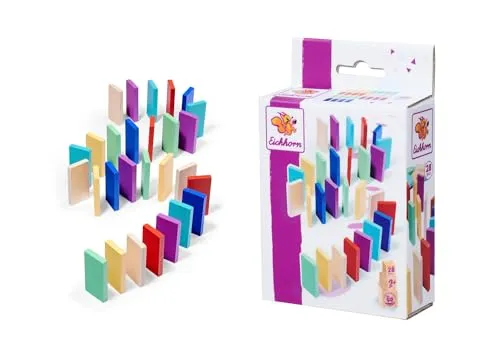 Eichhorn – Games – Domino Rallye, farbige Steine zum Aufstellen, handliche Holzsteine ideal für kleine Kinderhände, 28 teilig, ab 2 Jahren