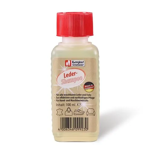 Langlauf Schuhbedarf Lederwaschmittel - 100ml Flasche für Lederpflege - Spezialwaschmittel für Leder und Lammfell, reinigt gründlich und pflegt intensiv, ideal für Hand- und Maschinenwäsche, umweltfreundlich und sehr ergiebig.
