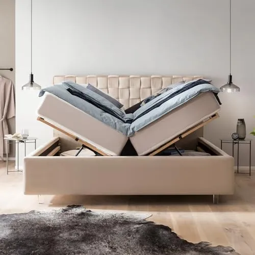 Bett mit Bettkasten 200x200 Barcelo Velours, ohne Matratze, Lattenrost, XXL Stauraum, Polsterbett Handgeflochten, Doppelbett, Aufbau KOSTENLOS (Creme, 200x200 cm ohne Matratze)