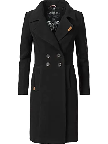 Navahoo Damen Wollmantel Wooly Schwarz XL - Funktionsjacken: Klassischer, taillierter Wintermantel in edler Woll-Optik, perfekt für elegante Looks und ideal für die kalte Jahreszeit.
