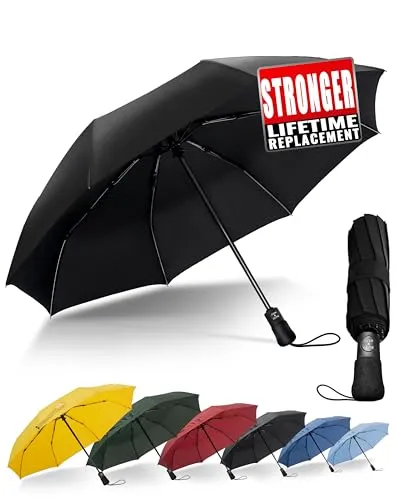 Chakipee Kompakter Reise Regenschirm Groß Sturmfest – Automatik Taschenschirm für Herren und Damen, Tragbarer 210T-Stoff 117 cm Spannweite 8 Rippen Schirm Schwarz