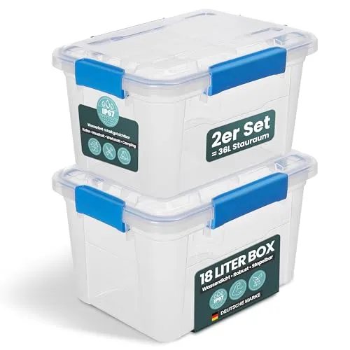 Kreher® Wasserdichte Aufbewahrungsbox mit Deckel (IP67) - 18 Liter - Aufbewahrungsbehälter mit Deckel, wasserdicht und staubdicht (IP67) - ideal für feuchte Räume und Outdoor-Einsätze, schützt Ihre Wertgegenstände zuverlässig.