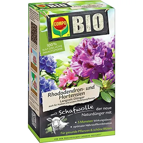 Compo Bio Rhododendron- und Hortensien Langzeit-Dünger 750g - Hochwertiger Naturdünger mit 50% Schafwolle für kräftiges Wachstum und langanhaltende Blüten. Nur einmal pro Saison düngen, ideal für Morbeetpflanzen. Einfache Anwendung dank praktischer Pelletform.