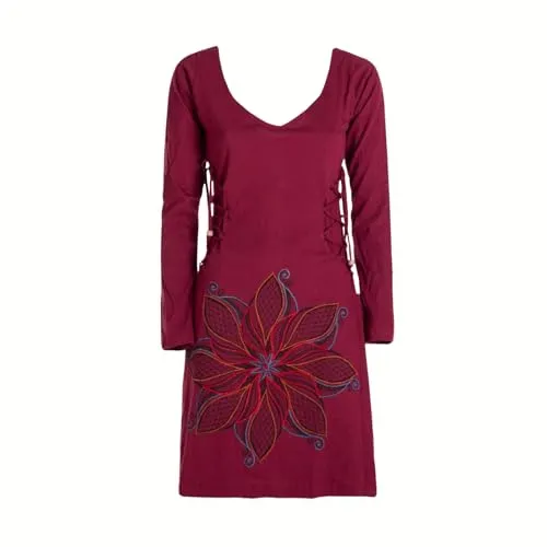 Vishes Damen Langarmshirt-Kleid mit seitlichen Schnüren in Dunkelrot I Größe L (40) I Handgefertigt aus 100% Baumwolle I Ideal für den Herbst I Nachhaltige Alternative Bekleidung