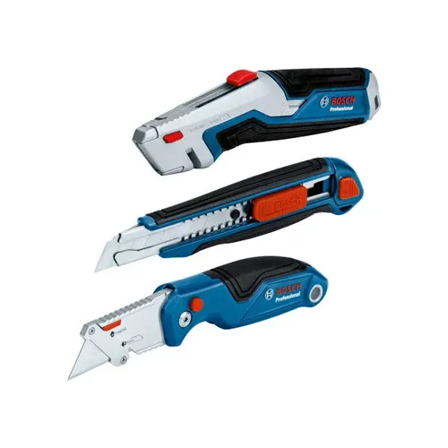 Bosch Professional 3 tlg. Messer Set - Universalmesser, Klappmesser und Cutter Messer, scharfe Klingen und Sicherheitsmerkmale für vielseitige Schneidarbeiten