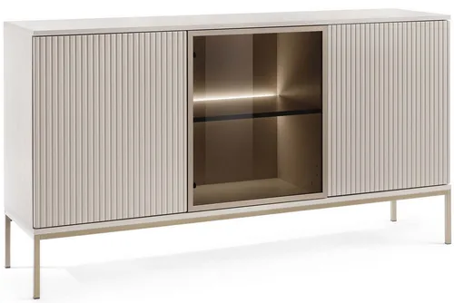 Konsimo® Kommode FONTE, Creme, 154x83x39 cm, modernes Design - Die stilvolle FONTE Kommode vereint elegantes Design mit praktischer Funktionalität. Mit getönten Glastüren und integrierter LED-Beleuchtung wird Ihre Sammlung zum Blickfang. Ideal für ein modernes Wohnzimmer!