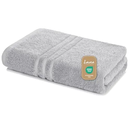 Lavea® Saunatuch 80×200 cm, Saunahandtuch, Sauna-Handtücher Damen und Herren, 100% Baumwolle Frottier, saugstark, strapazierfähig, pflegeleicht 60°C, Frottierserie Elena, XXL Badetuch, Silber