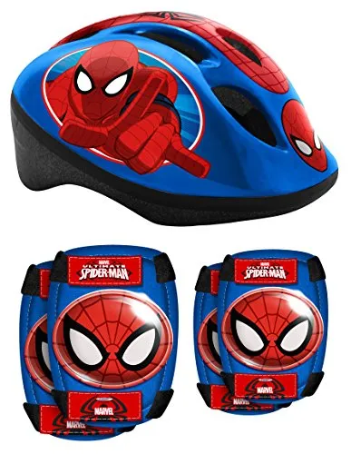 STAMP - SPIDERMAN Helm mit verstellbaren Tailleneinstellungen + Ellbogen- und Knieschützer, Blau - Fahrradhelm mit Ellbogen- und Knieschützern, ideal für Fahrräder, Skateboards und Rollschuhe. Schnelle und einfache Anpassung für sicheren Sitz und optimalen Schutz.