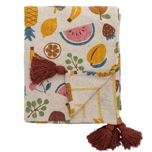 Bloomingville Decke FRUITTA mit roten Quasten 160x130 cm - Wunderschöne Decke aus 100% recycelter Baumwolle, ideal für gemütliche Abende. Mit fröhlichem Früchte-Design und dekorativen roten Quasten.