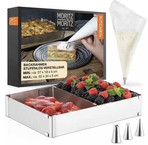 Moritz & Moritz 14tlg. Edelstahl-Backrahmen Set - Das 14tlg. Set enthält einen Backrahmen, 10 Spritzbeutel und 3 Tüllen aus hochwertigem Edelstahl. Ideal für kreative Backprojekte und leicht zu reinigen dank Spülmaschinenfestigkeit.