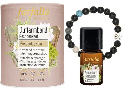 Farfalla Duftarmband Geschenkset - Beschützt sein - Aromatherapie für Schutz und Klarheit. Das stilvolle Armband mit farbigen Lavaperlen kombiniert elegantes Design mit einer beruhigenden Aromamischung aus 100% naturreinen ätherischen Ölen.