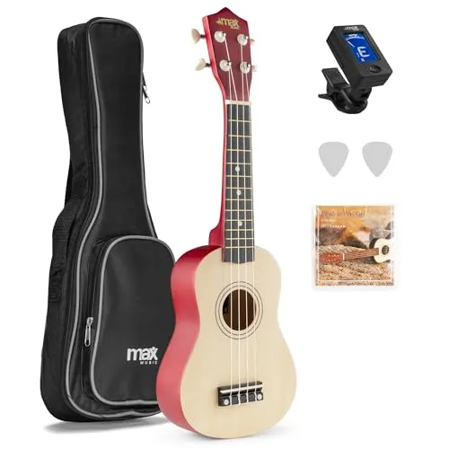 MAX UKEY Ukulele Komplett Set inkl. Plektren, digitalem Stimmgerät und Tasche, 21" mini Gitarre, Ukulele Erwachsene mit Zubehör für Anfänger, Soprano, 4 Nylon Saiten, 12 Bünde - Natur